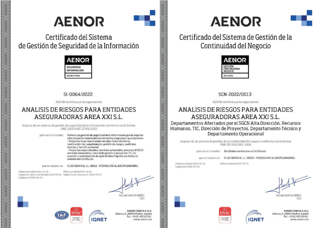 AREA XXI ha renovado con éxito sus certificaciones ISO/IEC 27001 y ISO 22301